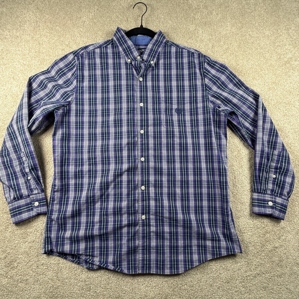 Chaps Mens Large Purple Navy Blue Plaid Stretch Easy Care Button Down Shirt
